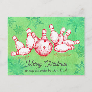 Merry Christmas Bowling Ball Pins Personalized Holiday Postcard