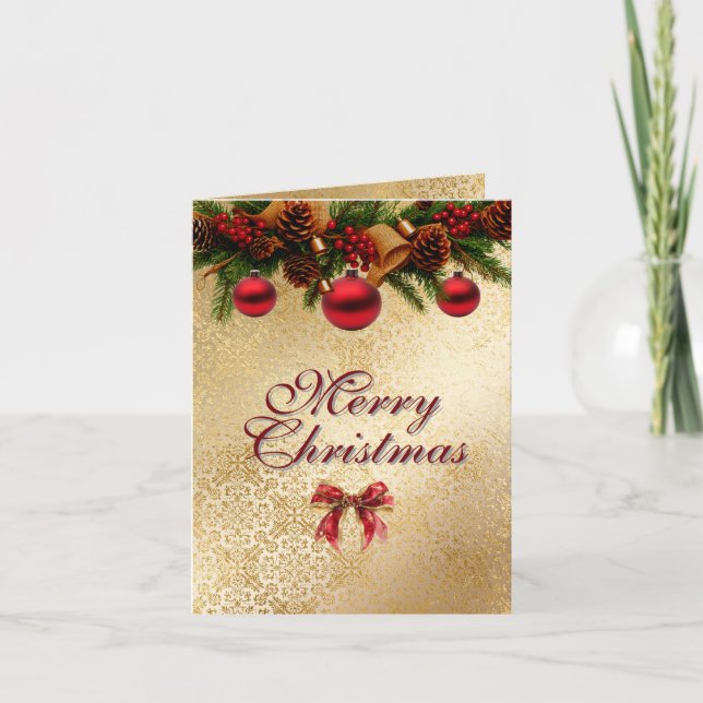 Merry Christmas Bows & Garland Red & Gold Elegant  Card (Front)