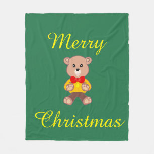 Merry Christmas Bowtie Teddy bear on Green Fleece Blanket