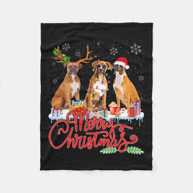 Merry Christmas Boxer Dog Santa Reindeer Light Xma Fleece Blanket (Front)