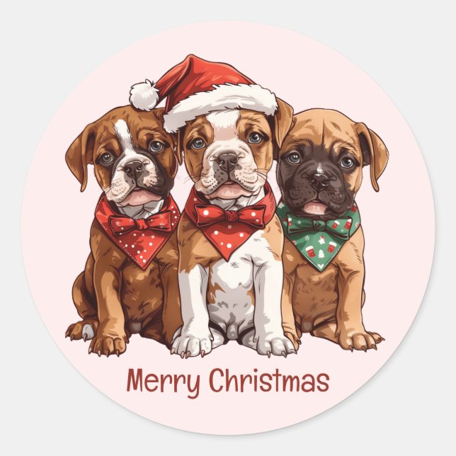 Merry Christmas Boxer Dogs Classic Round Sticker (Front)
