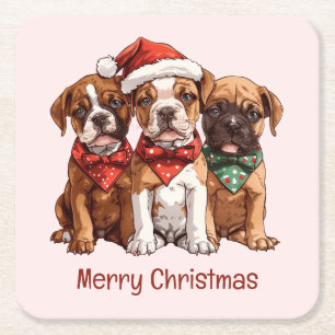Merry Christmas Boxer Dogs Square Paper Coaster