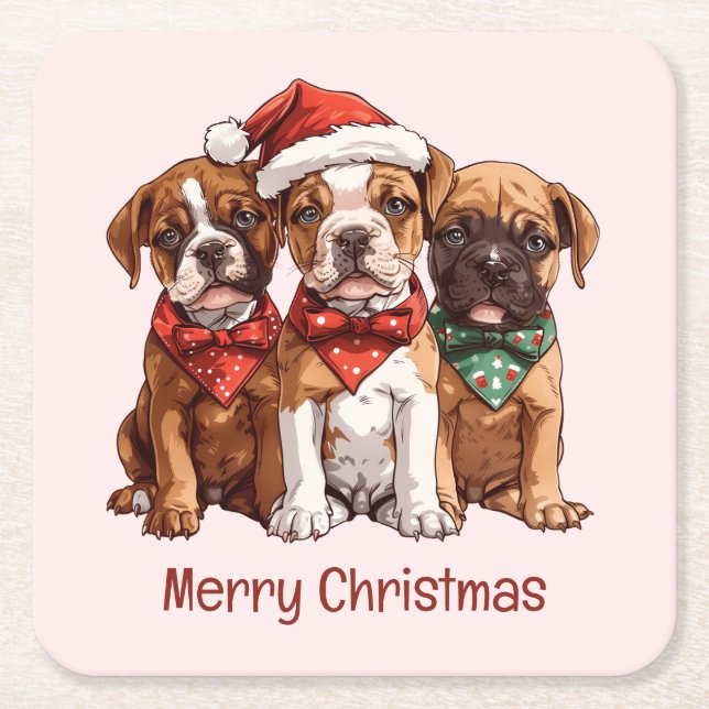 Merry Christmas Boxer Dogs Square Paper Coaster (Front)