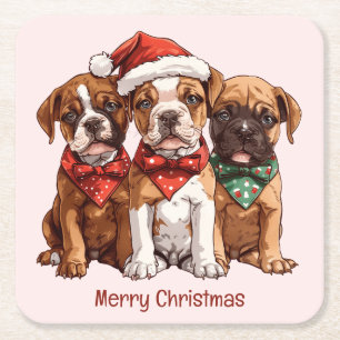 Merry Christmas Boxer Dogs Square Paper Coaster