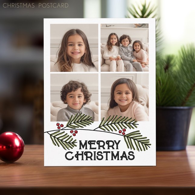 Merry Christmas Branches - 4 Photo Modern Script Holiday Postcard (Christmas Postcard with 4 Photos)