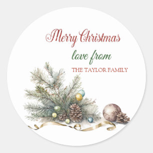 Merry Christmas,Branches,Pine Cones Classic Round Sticker