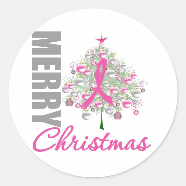 Merry Christmas Breast Cancer Pink Ribbon Wreath Classic Round Sticker (Front)