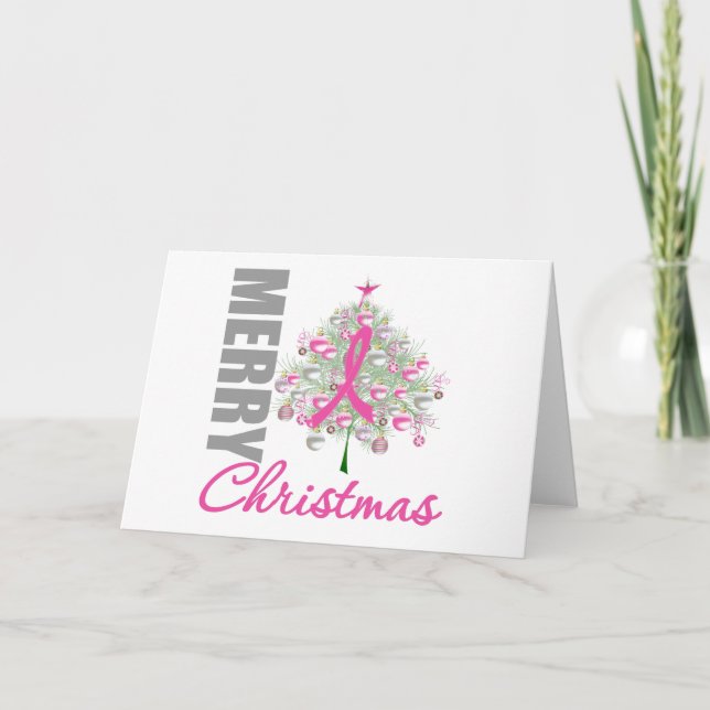 Merry Christmas Breast Cancer Pink Ribbon Wreath Holiday Card (Front)