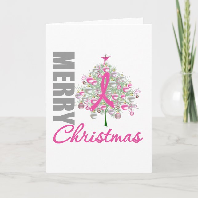 Merry Christmas Breast Cancer Pink Ribbon Wreath Holiday Card (Front)