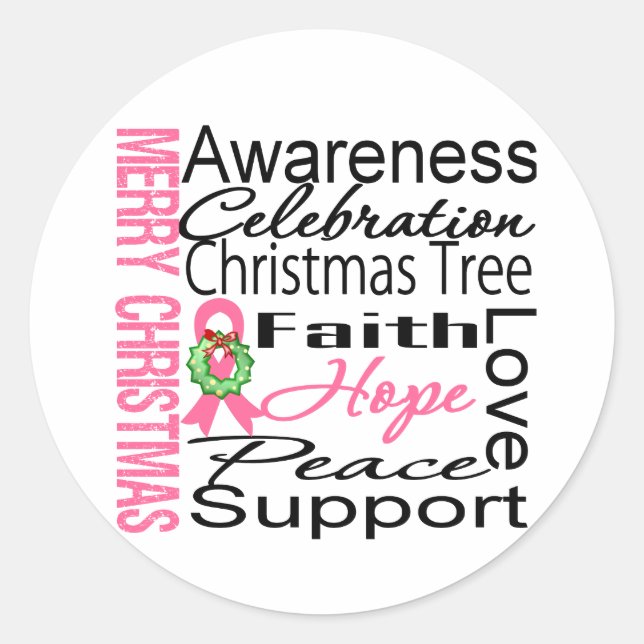 Merry Christmas Breast Cancer Ribbon Collage Classic Round Sticker (Front)