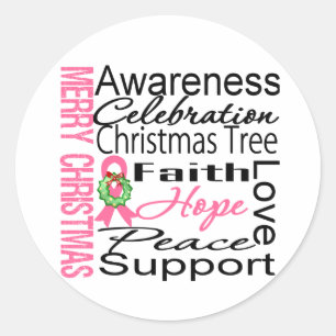 Merry Christmas Breast Cancer Ribbon Collage Classic Round Sticker