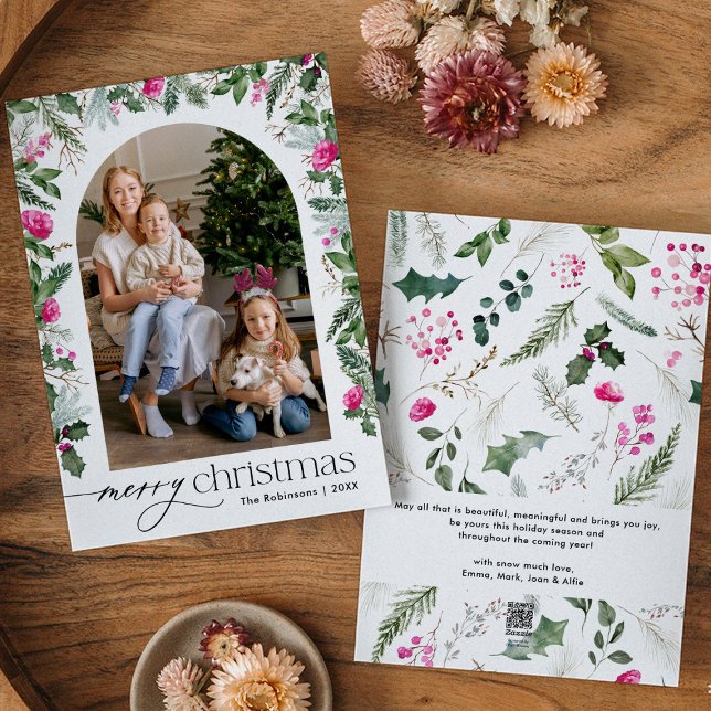Merry Christmas Bright Pink Botanical Arch 1 Photo Holiday Card (Creator Uploaded)