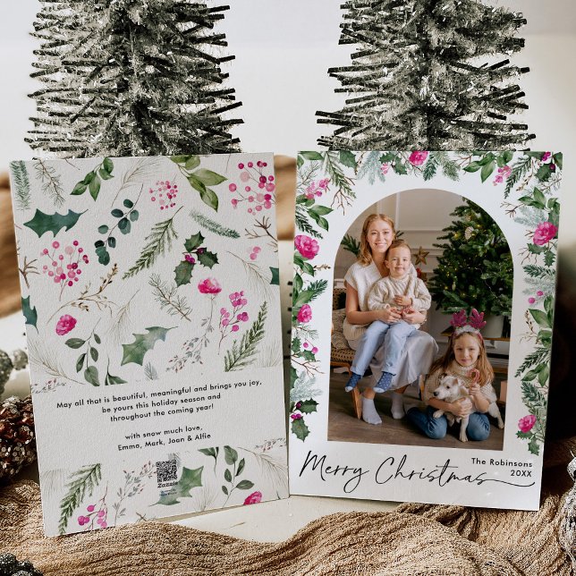 Merry Christmas Bright Pink Greenery Arch 1 Photo Holiday Card (Creator Uploaded)