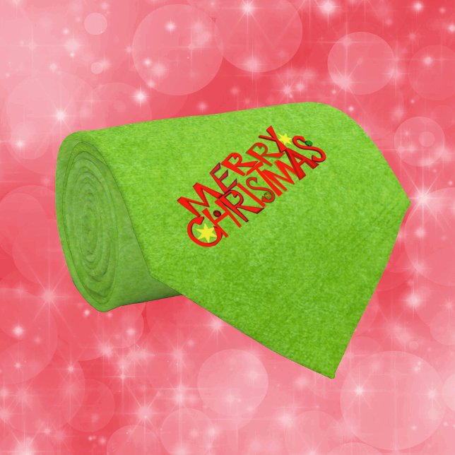 Merry Christmas Bright Red Letters stars Green Tie (Green mens necktie with festive Merry Christmas tex in bold red letters gold stars.)