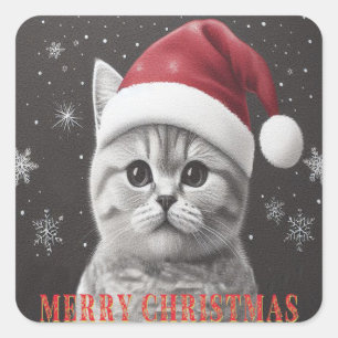 Merry Christmas British shorthair Cat, Santa Cat Square Sticker