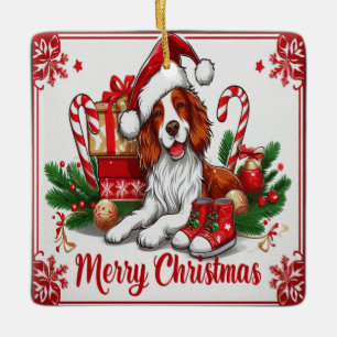 Merry Christmas Brittany Dog With Santa Hat Xmas Ceramic Ornament