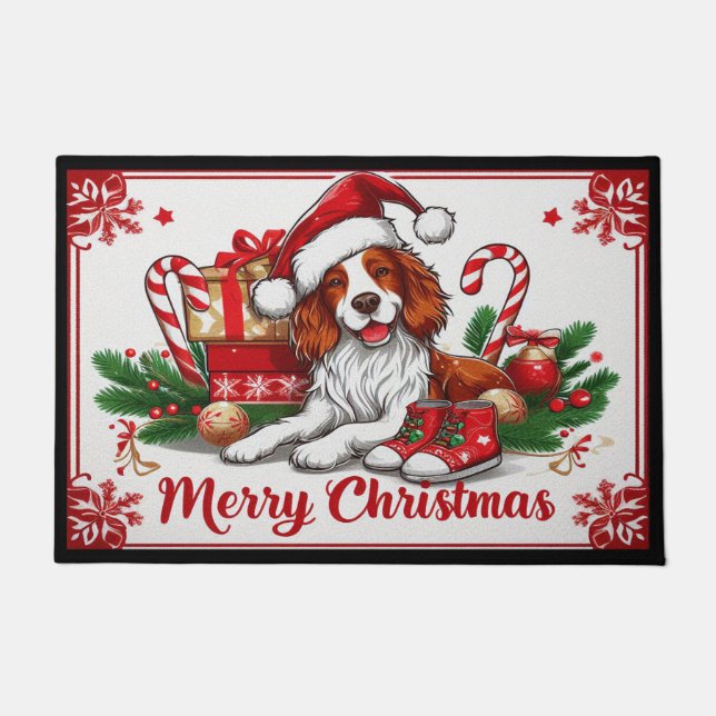 Merry Christmas Brittany Dog With Santa Hat Xmas Doormat (Front)