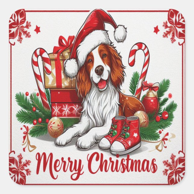 Merry Christmas Brittany Dog With Santa Hat Xmas Square Sticker (Front)