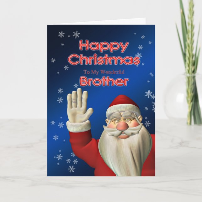 Merry Christmas Brother, Santa waving Holiday Card (Front)