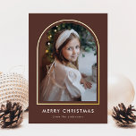 Merry Christmas Brown Arch Photo Foil Holiday Card<br><div class="desc">Modern holiday photo card featuring your vertical photo nestled inside of a brown arch frame with a gold foil border. Personalise the gold foil holiday card with your custom greeting and family name in white lettering. The card reverses to a simple white snow pattern.</div>