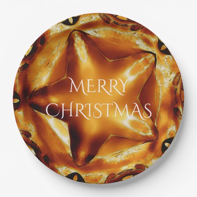 Merry Christmas Brown Gold Copper Elegant Star Paper Plate (Front)