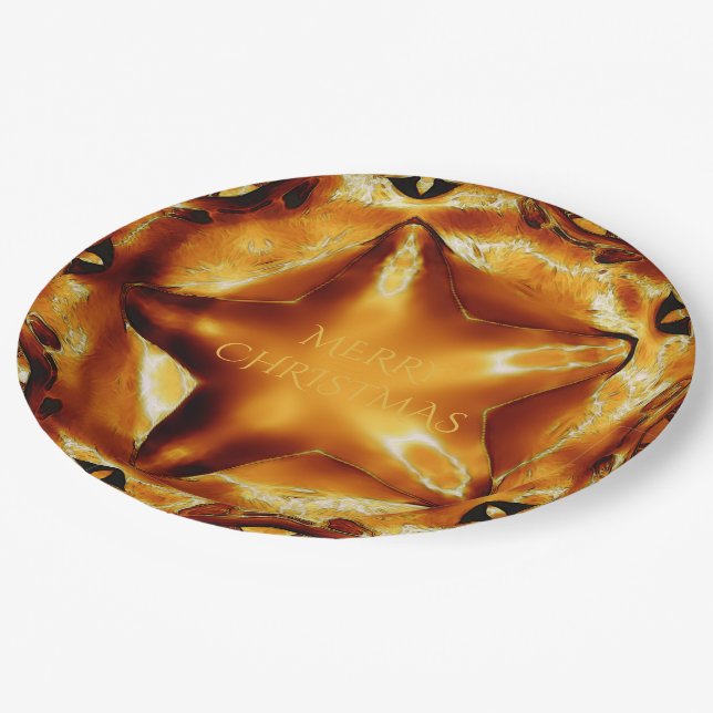 Merry Christmas Brown Gold Copper Elegant Star Paper Plate (Angled)