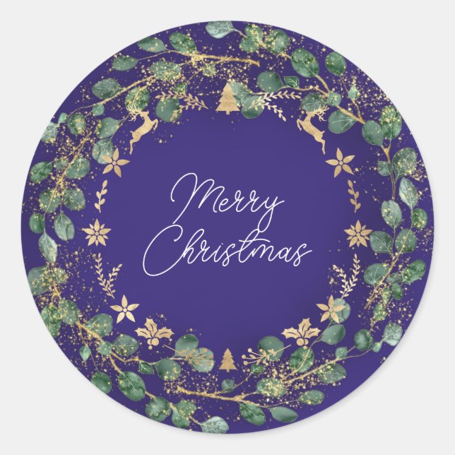 Merry Christmas Brown Green Wreath Woodland Blue Classic Round Sticker (Front)