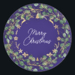 Merry Christmas Brown Green Wreath Woodland Blue Classic Round Sticker<br><div class="desc">A Christmas Gift Sticker,  a little bit glam a little bit rustic 
A fusion of styles 
FlorenceKdesign</div>