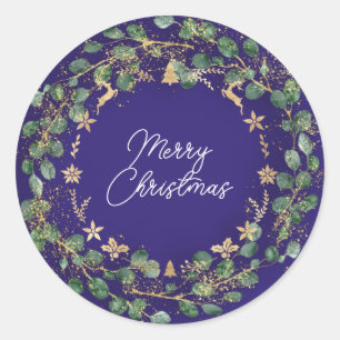 Merry Christmas Brown Green Wreath Woodland Blue Classic Round Sticker