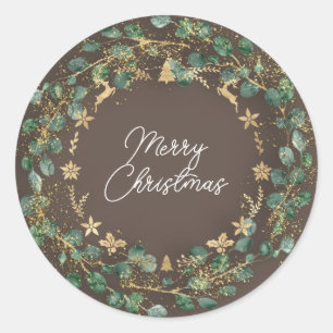 Merry Christmas Brown Green Wreath Woodland Gold  Classic Round Sticker