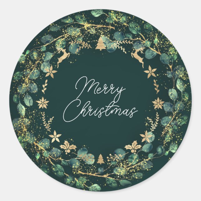 Merry Christmas Brown Green Wreath Woodland Gold Classic Round Sticker (Front)