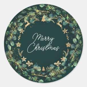 Merry Christmas Brown Green Wreath Woodland Gold Classic Round Sticker