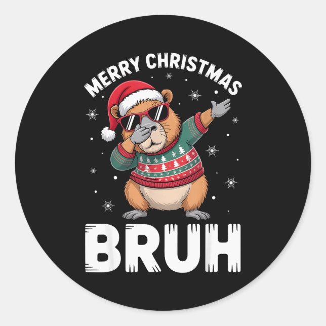Merry Christmas Bruh Capybara Dabbing Santa Hat Xm Classic Round Sticker (Front)