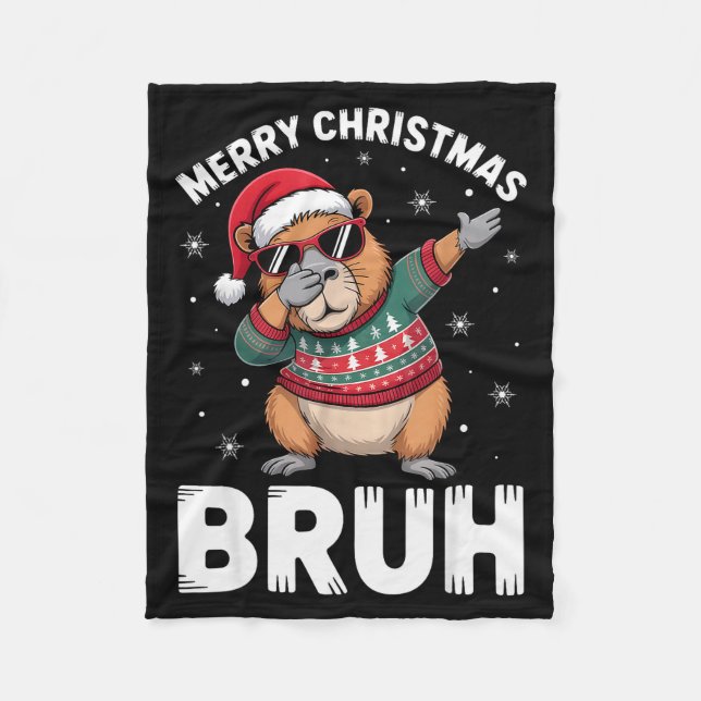 Merry Christmas Bruh Capybara Dabbing Santa Hat Xm Fleece Blanket (Front)