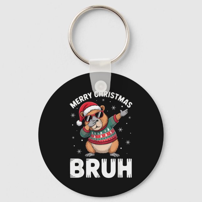 Merry Christmas Bruh Capybara Dabbing Santa Hat Xm Key Ring (Front)