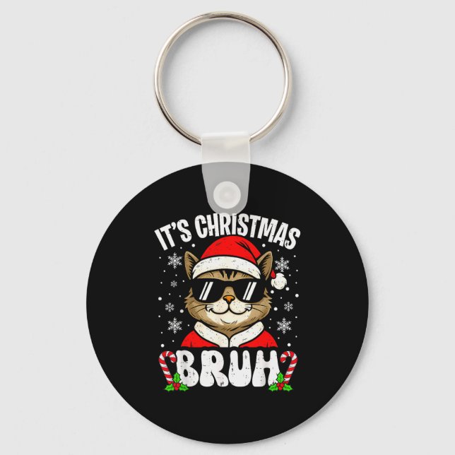 Merry Christmas Bruh Funny Cat Kitten Xmas Men Boy Key Ring (Front)