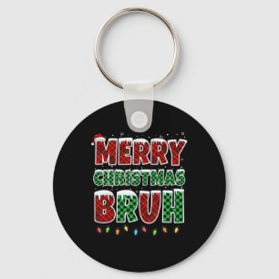 Merry Christmas Bruh Red Green Plaid Xmas Lights F Key Ring