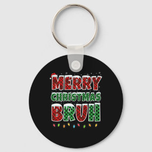 Merry Christmas Bruh Red Green Plaid Xmas Lights F Key Ring