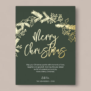 Merry Christmas Brush Script Berry Leaves Green Foil Holiday Postcard
