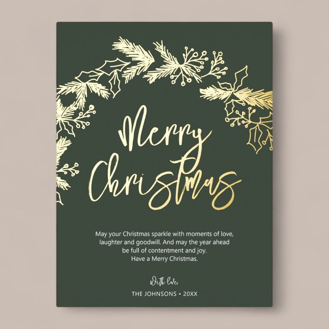 Merry Christmas Brush Script Berry Leaves Green Foil Holiday Postcard (Creator Uploaded)