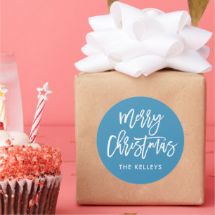 Merry Christmas Brush Script Blue Personalised Classic Round Sticker