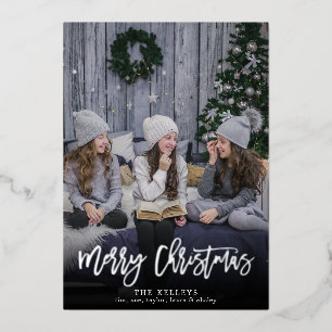 Merry Christmas Brush Script, Full Photo Silver Foil Holiday Card