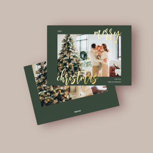 Merry Christmas Brush Script Photo Green Foil Holiday Card