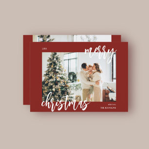 Merry Christmas Brush Script Photo Red Holiday Card