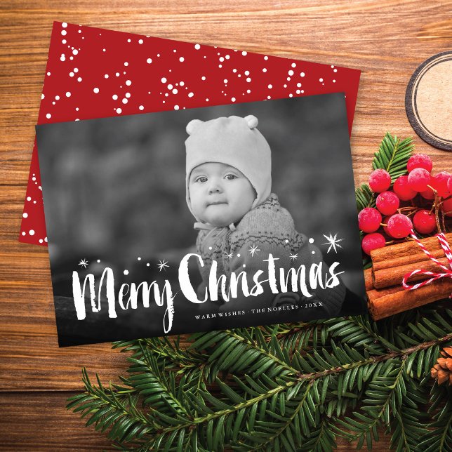 Merry Christmas Brush Script Sparkling Stars Photo Holiday Card (Creator Uploaded)