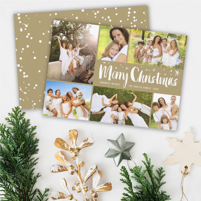 Merry Christmas Brush Script Stars Classy 6 Photo  Holiday Card (Creator Uploaded)