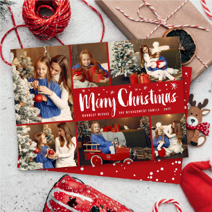 Merry Christmas Brush Script Stars Modern 6 Photo Holiday Card