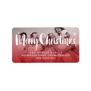 Merry Christmas Brush Script Stars Photo Address Label