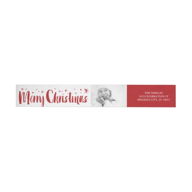 Merry Christmas Brush Script Stars Photo Address Wrap Around Label (Individual)