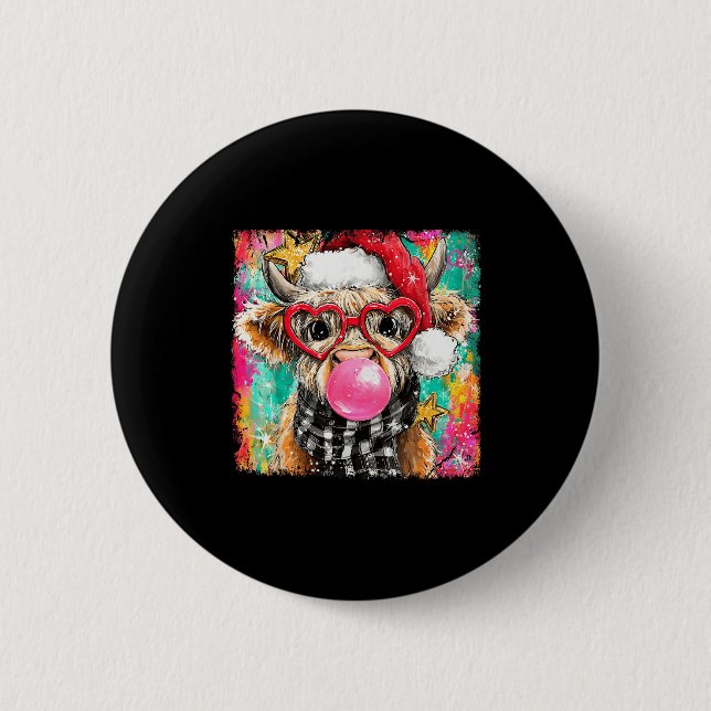 Merry Christmas Bubble Gum Xmas Highland Cow Heife 6 Cm Round Badge (Front)